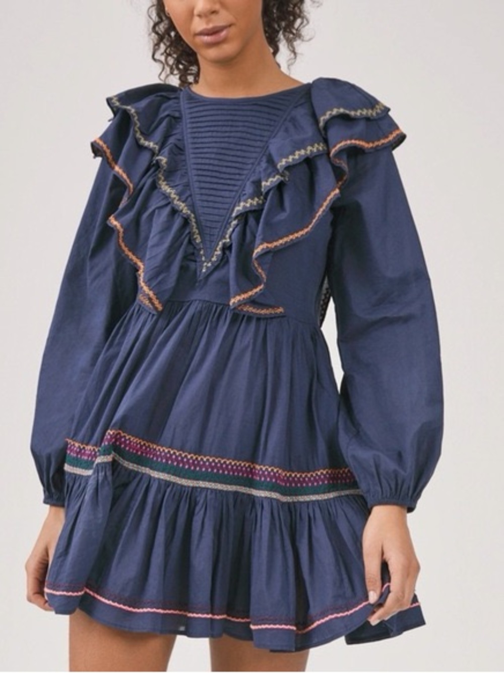 Something Navy- Jolie embroidered ruffle Long-Sleeve Dress